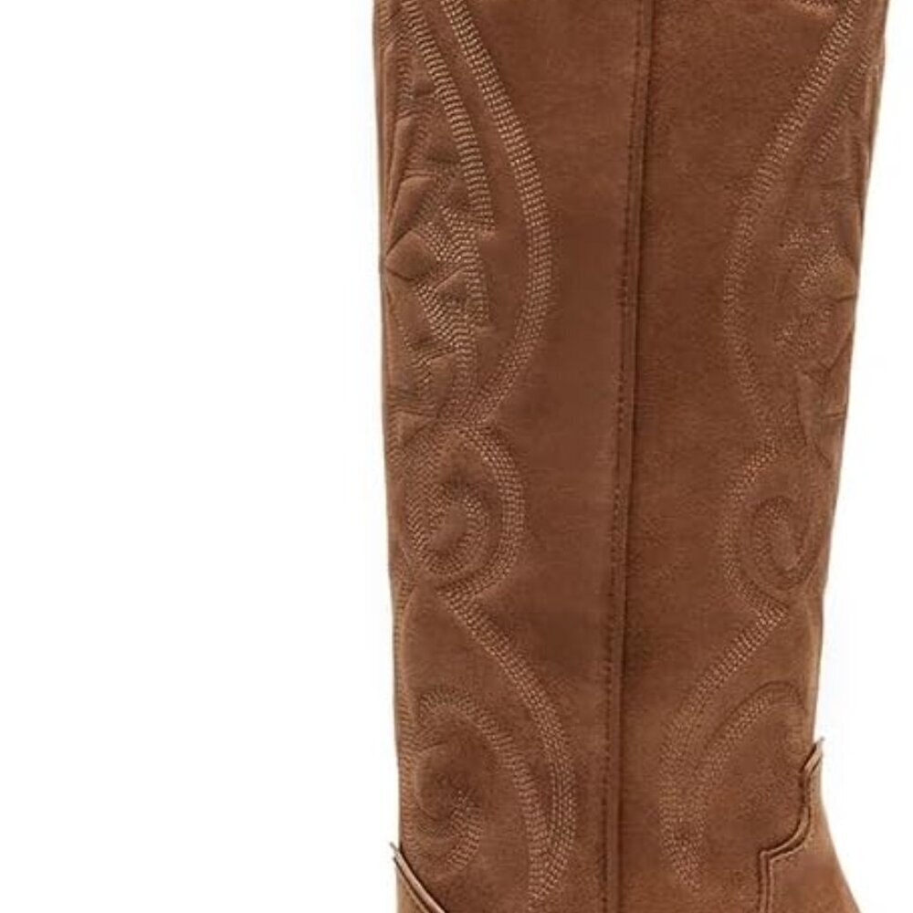 Women Knee High Cowboy Boots Leather Suede Pointed Toe Chunky Heels